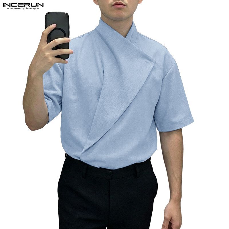 INCERUN ผู้ชายเกาหลี Minimalist ธุรกิจลําลองคอตั้ง Deconstruct Design แขนสั้นเสื้อธรรมดา