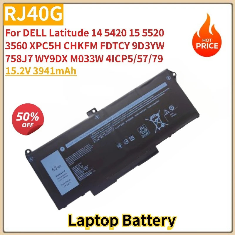 RJ40G แบตเตอรี่แล็ปท็อป 15.2V 3941mAh สําหรับ DELL Latitude 14 XPC5H CHKFM FDTCY 9D3YW 5420 15 5520 