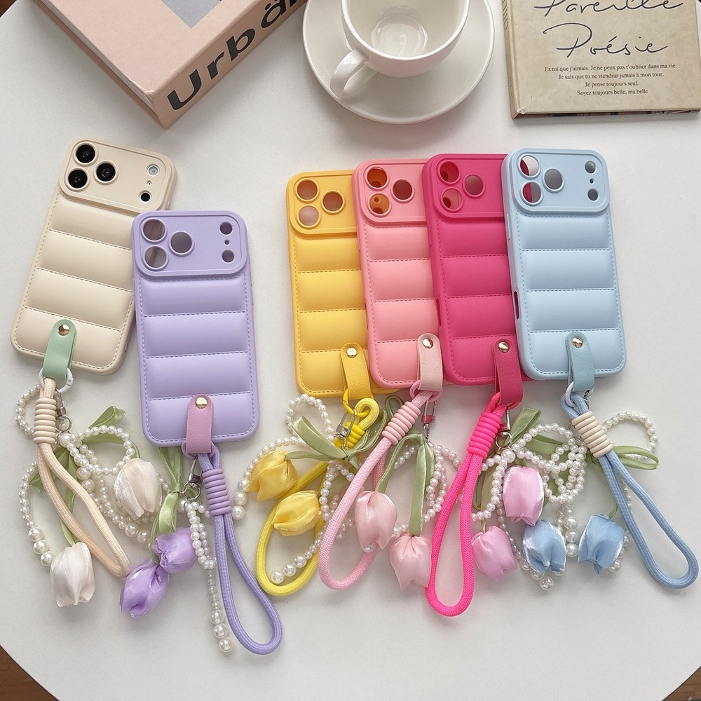 เสื้อแจ็คเก็ตดาวน์สีชมพูและสีม่วงสีเหลืองพร้อมเคสโทรศัพท์โซ่ทิวลิปเหมาะสําหรับ ไอโฟน 17โปรแม็กซ์ 16 15 14 13 12 11 ต่อต้าน-ตก