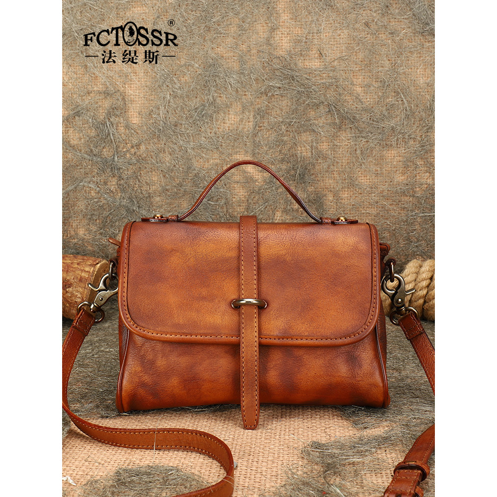 Fatis Niche Handmade Retro First Layer Cowhide กระเป๋าสะพายสุภาพสตรีเนื้อหนังแท้กระเป๋าสี่เหลี่ยมเล็