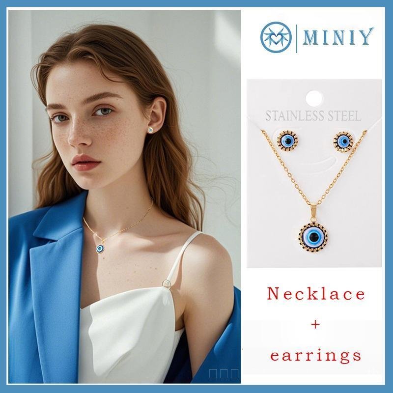 เซ็ตสร้อยคอมัครและต่างหูตาปีศาจ สไตล์เรขาคณิต ฝังคริสตัลสีฟ้า ผลิตจากเหล็กไทเทเนียม รหัส IVF8