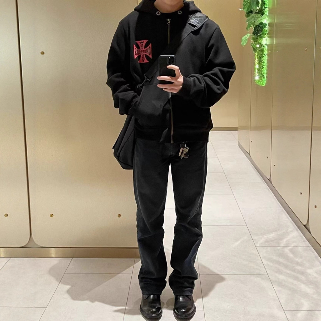 N86Y ERD Wind West Coast Choppers Cross Print Washed Vintage Loose Hooded Sweatshirt Zipper Cardigan