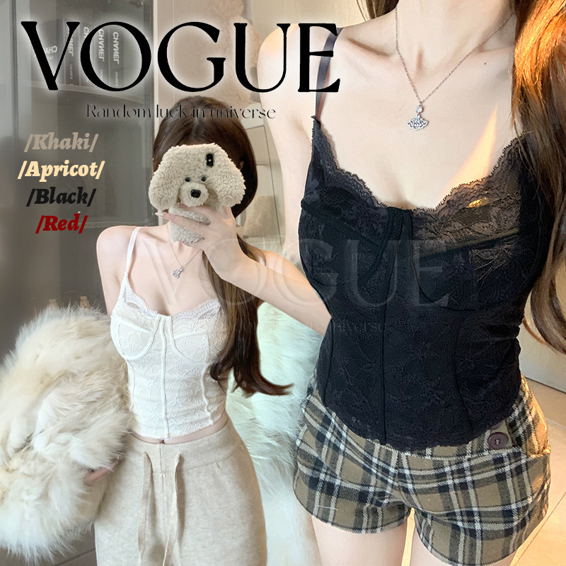 Vogue พร้อมส่ง เสื้อสายเดี่ยว เสริมฟองน้ำ ลายลูกไม้ สีสดใสยืดพอดี (FY10160)