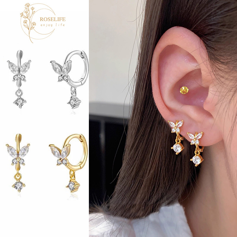 Roselife 1 คู่ 14K Gold คริสตัลผีเสื้อ Hoop ต่างหูสําหรับผู้หญิง Hypoallergenic Bow หูวงกลมเครื่องประดับอุปกรณ์เสริม