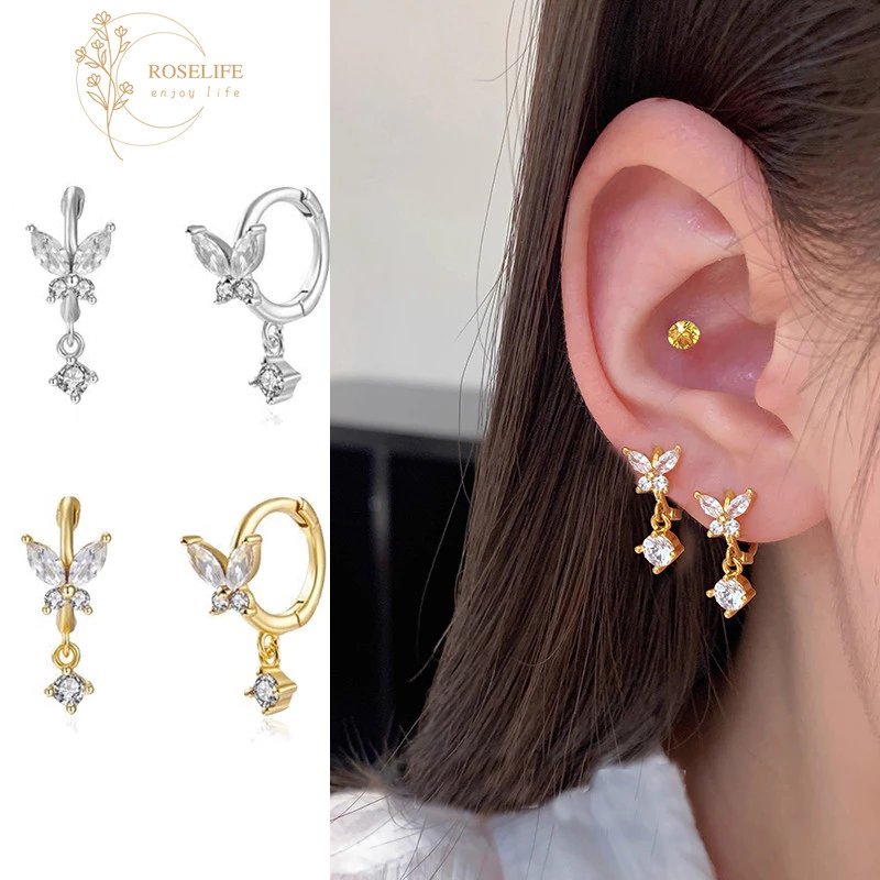 Roselife 1 คู่ 14K Gold คริสตัลผีเสื้อ Hoop ต่างหูสําหรับผู้หญิง Hypoallergenic Bow หูวงกลมเครื่องประดับอุปกรณ์เสริม