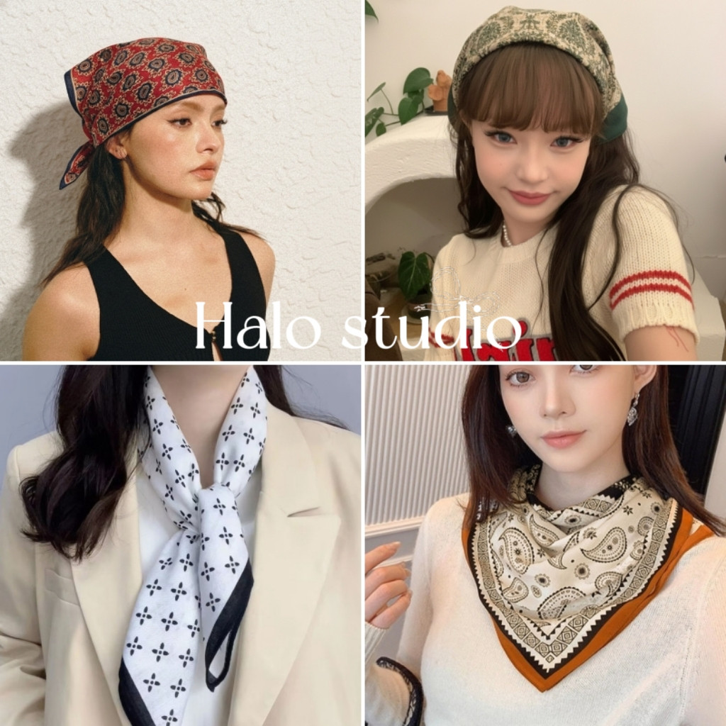 Halo studio พร้อมส่ง🔥ผ้าพันคอสี่เหลี่ยมผ้าฝ้ายและผ้าลินินคุณภาพสูง ผ้าพันคอผู้หญิง 70*70 ซม. ผ้าคลุมศีรษะ ผ้าคลุมไหล่