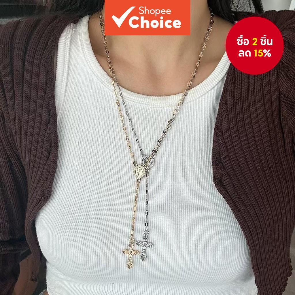 สร้อยคอรูป ย ข้ามยาวฮิปฮอปสีทองและสีเงินสําหรับผู้หญิงเครื่องประดับอินเทรนด์