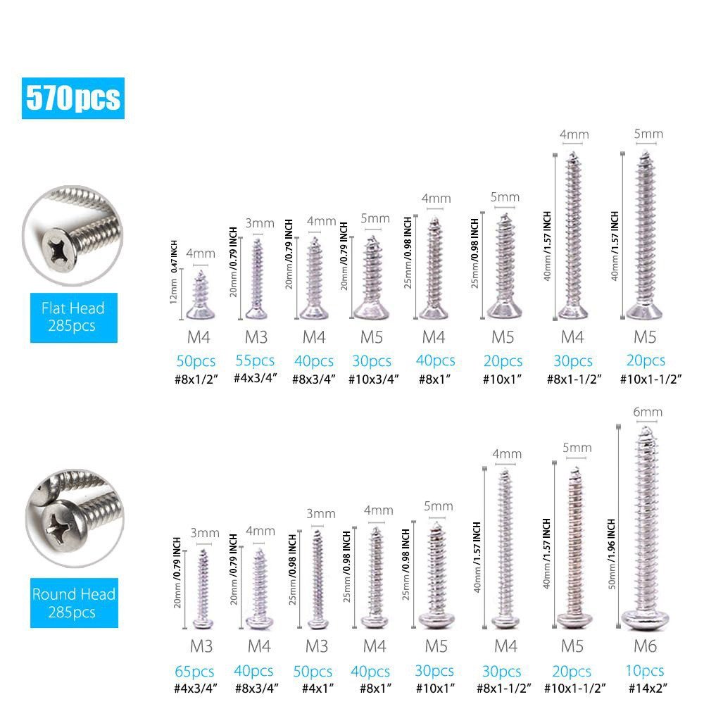 สกรูหัวกระทะสแตนเลสข้ามพรมแดน 570pcs304 Self-Tipping หัวกลม Phillips รอบชุดชนิดบรรจุกล่อง สกรูหัวจม 