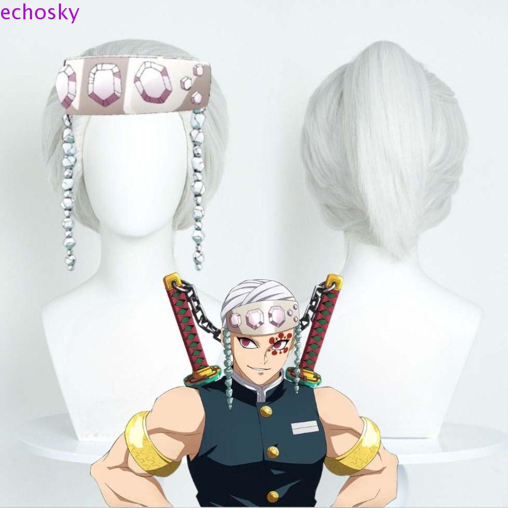 ECHOSKY Uzui Tengen Cosplay Wig สังเคราะห์ทนความร้อน จากอนิเมะDemon Slayer สไตล์ผมสั้นตรงหางม้า