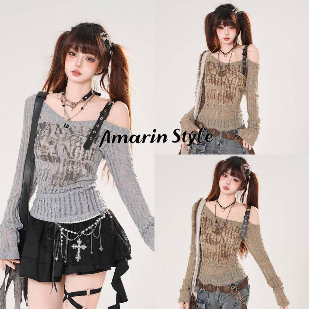 Amarin🌸พร้อมส่ง🌸【เสื้อแขนยาว】เปิดไหล่  ทรงรัดรูป ลายสกรีน ใส่สบาย เกิร์ลลี่น่ารัก  FY542
