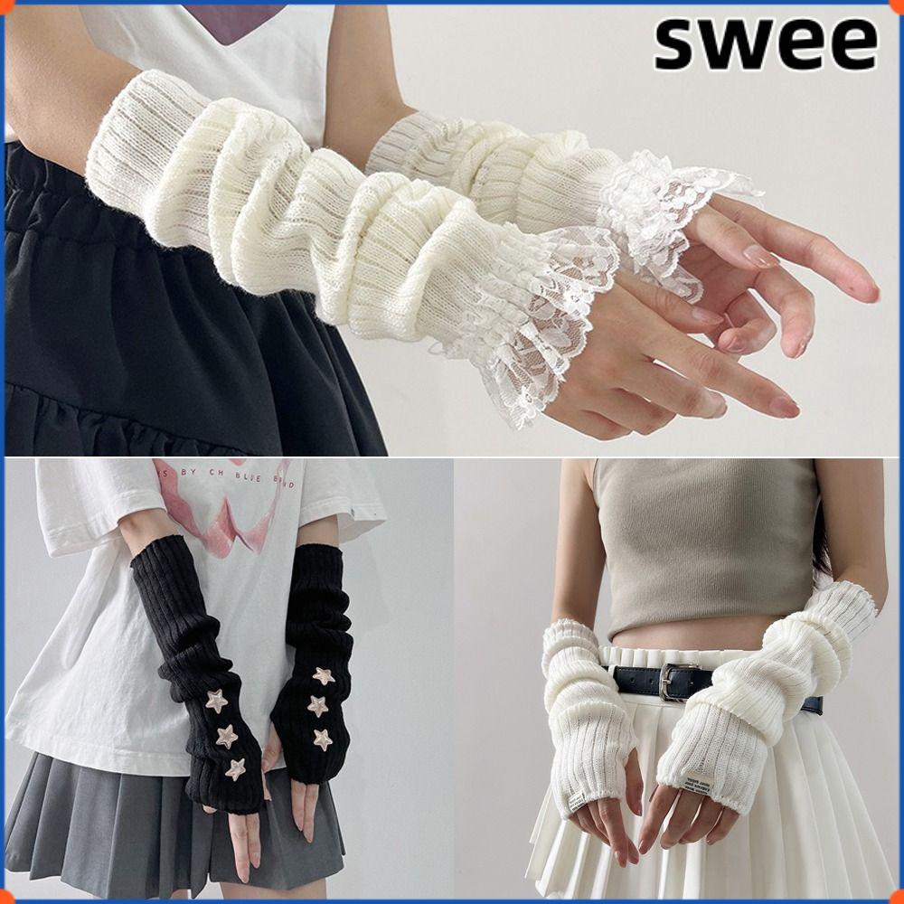 SWEE ถุงมือถัก, Fingerless False Sleeves Long Wrist Gloves, สไตล์ญี่ปุ่นสีดําสีขาวนิ้วมือแขนอุ่นข้อศอก Mittens สําหรับ Y2k Spice Girls