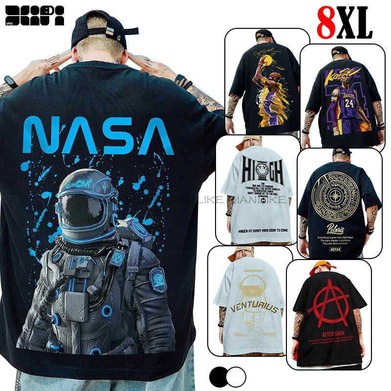 2XL-8XL เสื้อแขนสั้นชายไซส์ใหญ่พิเศษ สไตล์เกาหลี ดีไซน์หลวมเท่ พิมพ์ลายศิลปะ สวมใส่สบาย