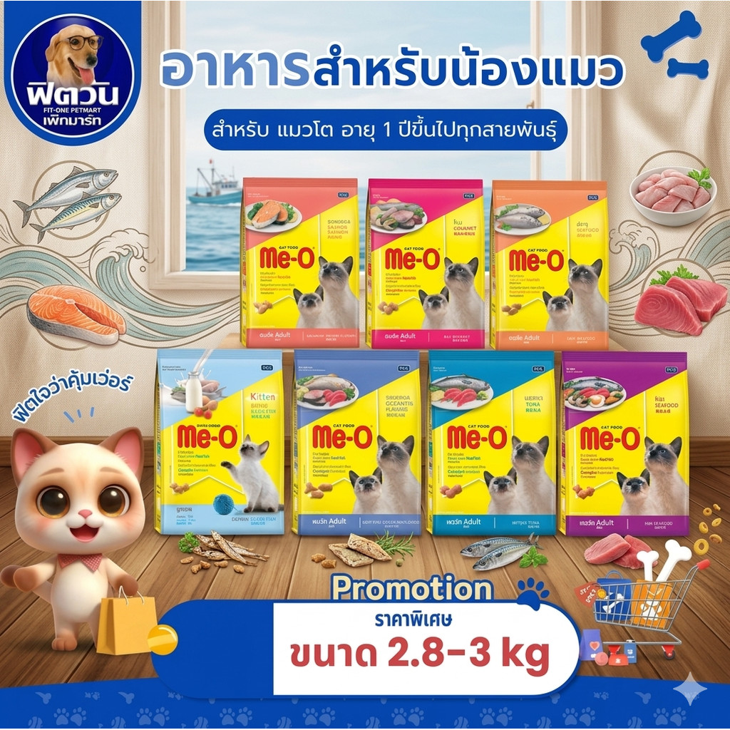 อาหารแมว Me-O แมวทุกสูตร ขนาด 2.8-3 กิโลกรัม{อาหารแมวเม็ด}