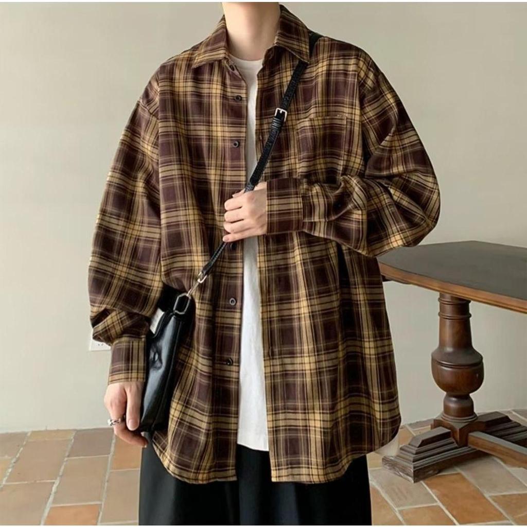 MNO.9 เสื้อเชิ้ตแขนยาว Shirt C237 ผู้ชาย ทรงหลวม สไตล์วินเทจ ลายสก็อต ผ้าฝ้าย พร้อมส่ง แฟชั่น วันหยุด ปาร์ตี้