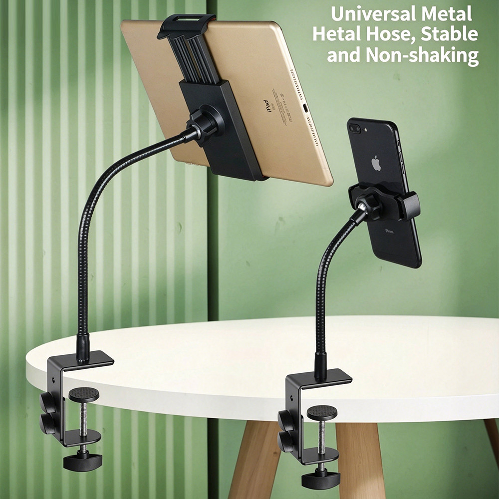 Heavy Duty Metal Gooseneck Phone & Tablet Clamp Stand, Adjustable Flex Arm Holder for Desk Bed, for Live Streaming, Cooking Video for 4–12.9 นิ้ว
