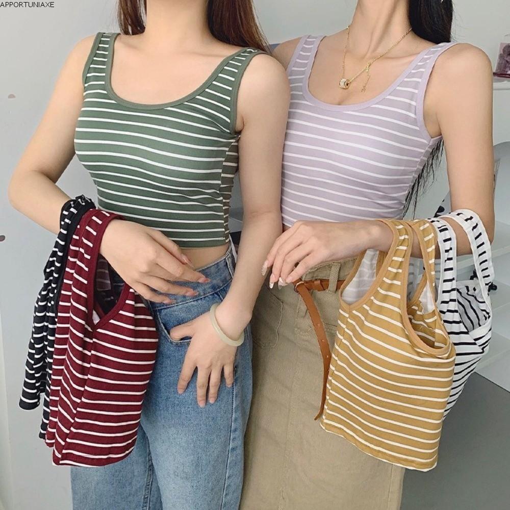 APPORTUNIAXE เสื้อกล้ามลายทางฤดูร้อนพร้อมเสื้อชั้นในเบาะ Anti-exposure Girlish Tank Vest เสื้อแขนกุดบล็อกสีคอยู