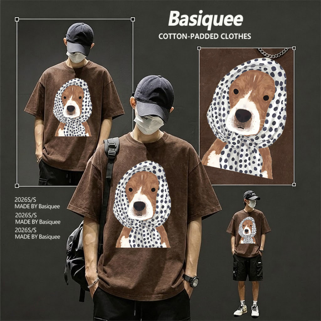 Basi💥เสื้อผู้ชาย เสื้อยืด oversize เสื้อฟอก วินเทจ สตรีท เกรดพรีเมียม เสื้อคอตตอน ไม่หดตัว ใส่สบาย ลาย "Hooded dog"