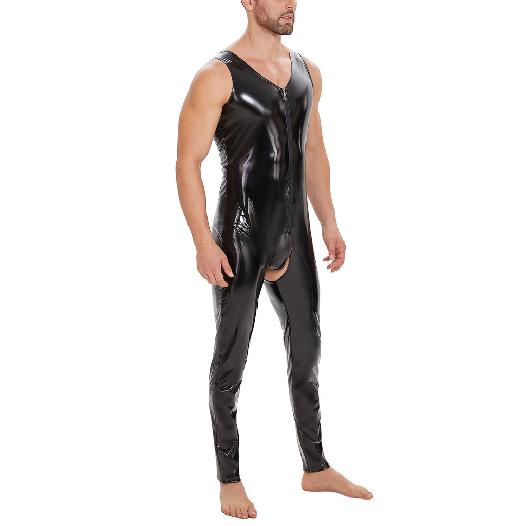 ชายเงา PVC Latex Catsuit เร้าอารมณ์เปิดเป้า Jumpsuit Glossy หนังชุดบอดี้สูท Fetish Tanks