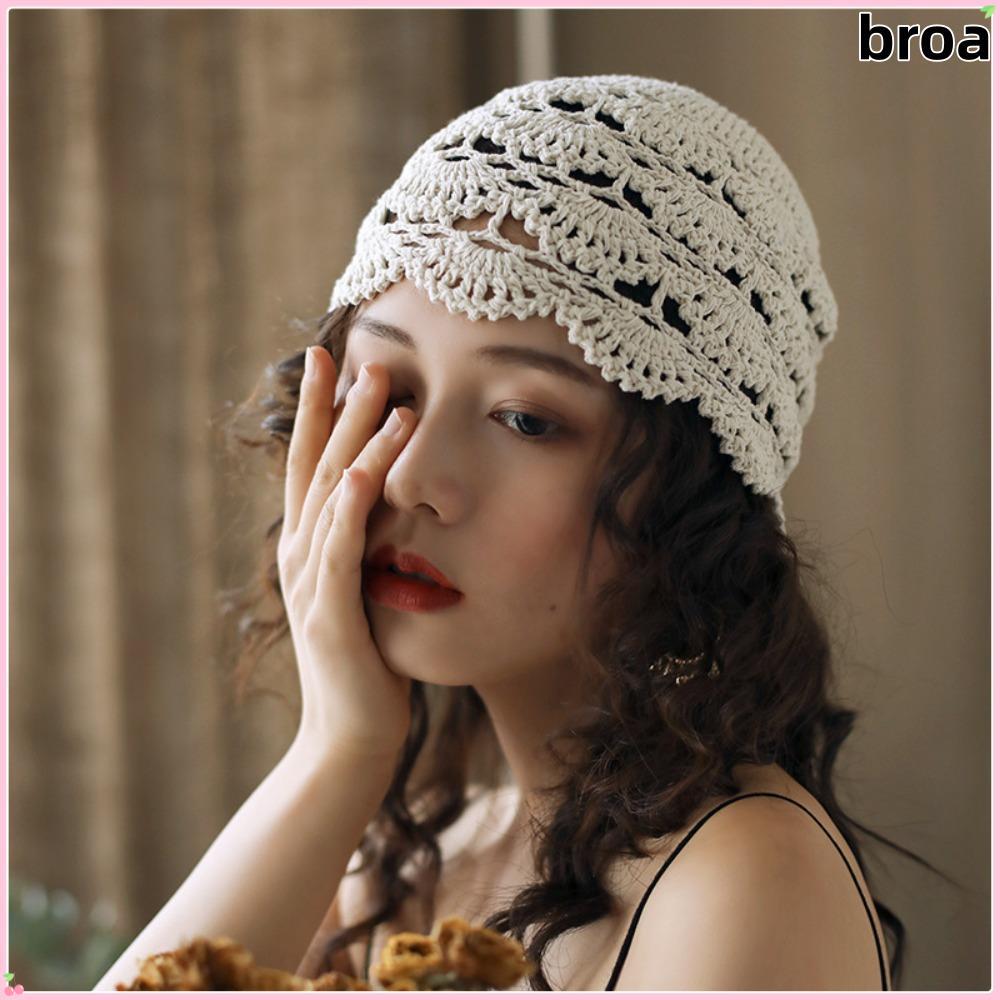 BROA Handmade ดอกไม้โครเชต์หมวก, Retro Hollow Hand-crocheted Pullover หมวก, Casual Handmade บางหมวกหญิง