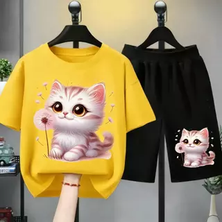 [COD]New!!!*2026-ชุดเสื้อยืดเด็กหญิง เสื้อยืดเด็กหญิง ชุดเสื้อเด็กหญิง เสื้อยืดเด็กหญิงชุดสั้น ลาย แมว ดอกหญ+（ชุดเสื้อยื