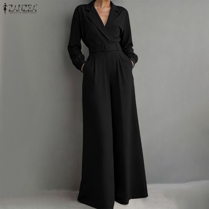 ZANZEA Celmia ผู้หญิง OL แฟชั่นลําลองคอปกแขนยาวเอว-Fitted ไม่มีเข็มขัดจั๊มสูทขากว้าง — صورة 5