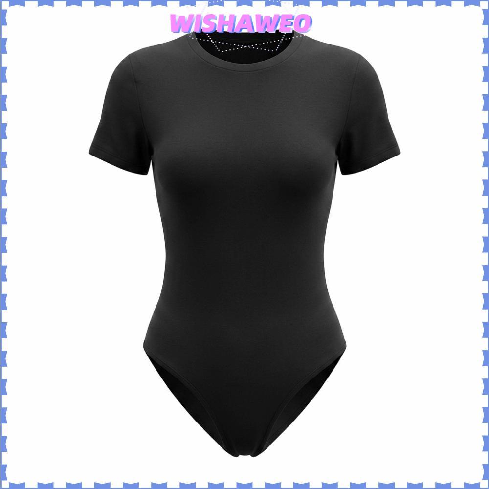 WISHAWEO บอดี้สูทบอดี้คอน,แขนสั้น O คอเสื้อคลุมหลวมๆ,ไม่มีรอยต่อ Slim Fit Elastic ผู้หญิง Body Top Jumpsuit หญิง