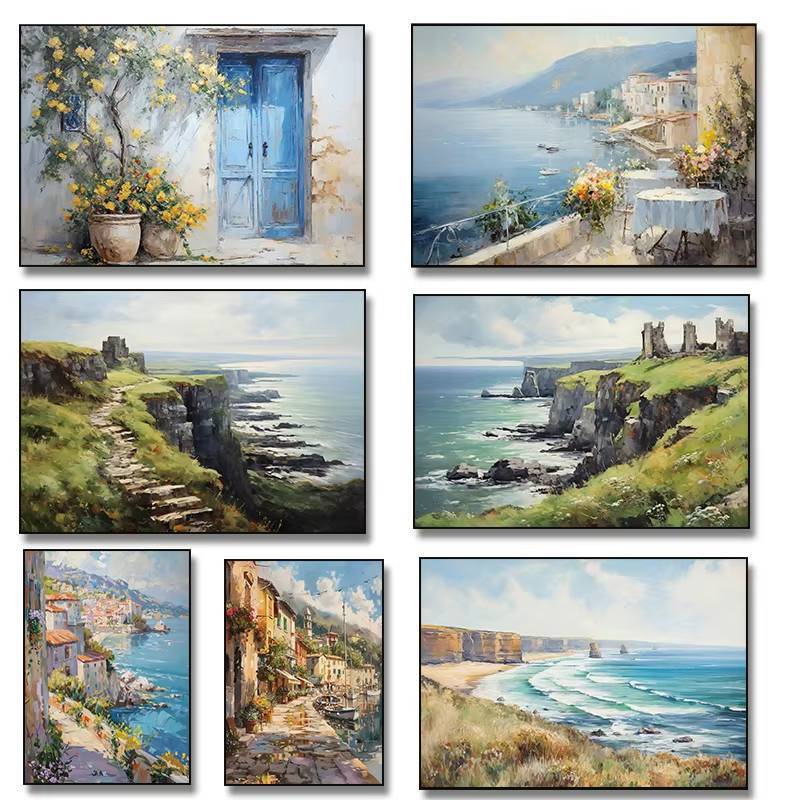 Vintage French Country Landscape ภาพวาดสีน้ํามันโปสเตอร์ House DRiver เรือใบผ้าใบภาพวาดพิมพ์ Wall Art ภาพตกแต่งบ้าน