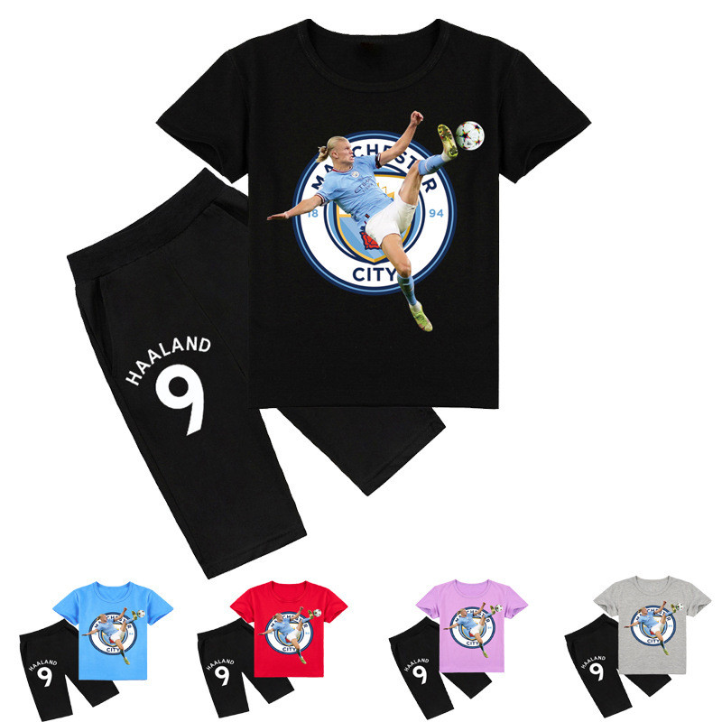 เสื้อยืดแขนสั้นและกางเกงขาสั้นสำหรับเด็กแบบเซต Haaland