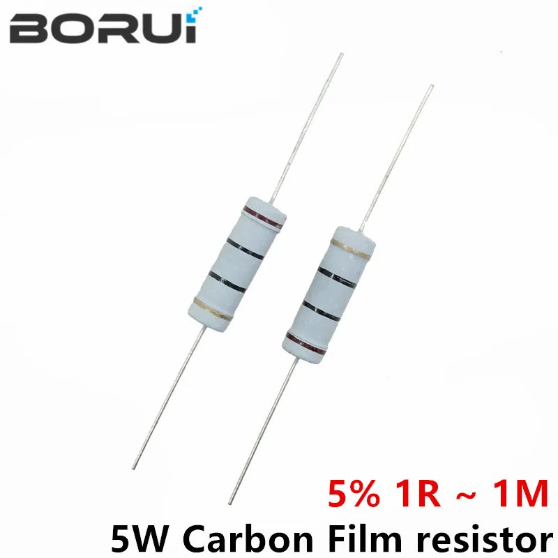 10pcs 5W Carbon Film resistor 5% 1R ~ 1M 2.2R 10R 22R 47R 51R 100R 150R 470R 1K 4.7K 10K 47K 1 2.2 1