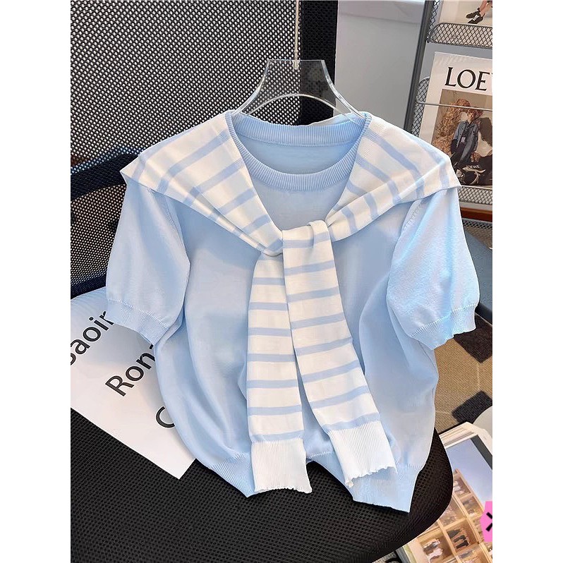 เสื้อสเวตเตอร์แขนสั้น Milk Blue พร้อมผ้าคลุมไหล่ Chic0st4w88s8