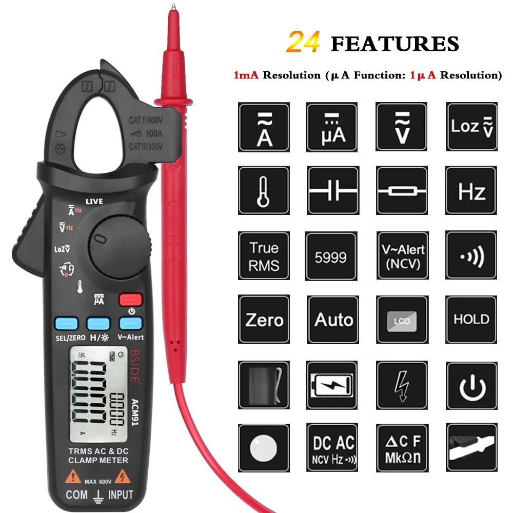 BSIDE Digital Clamp Meter ACM91 Professional 1mA แอมป์มิเตอร์คีม True RMS DC AC 100A มัลติมิเตอร์รถเ