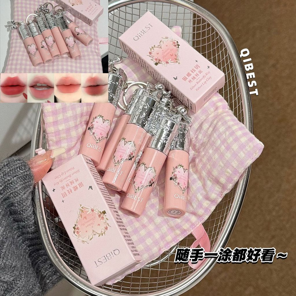 QIBEST ฉีดีที่สุด เงินผีเสื้อสาขาที่สําคัญกํามะหยี่ริมฝีปากโคลนสีเทาอ่อนสีชมพูชุดเคลือบกํามะหยี่เย็น