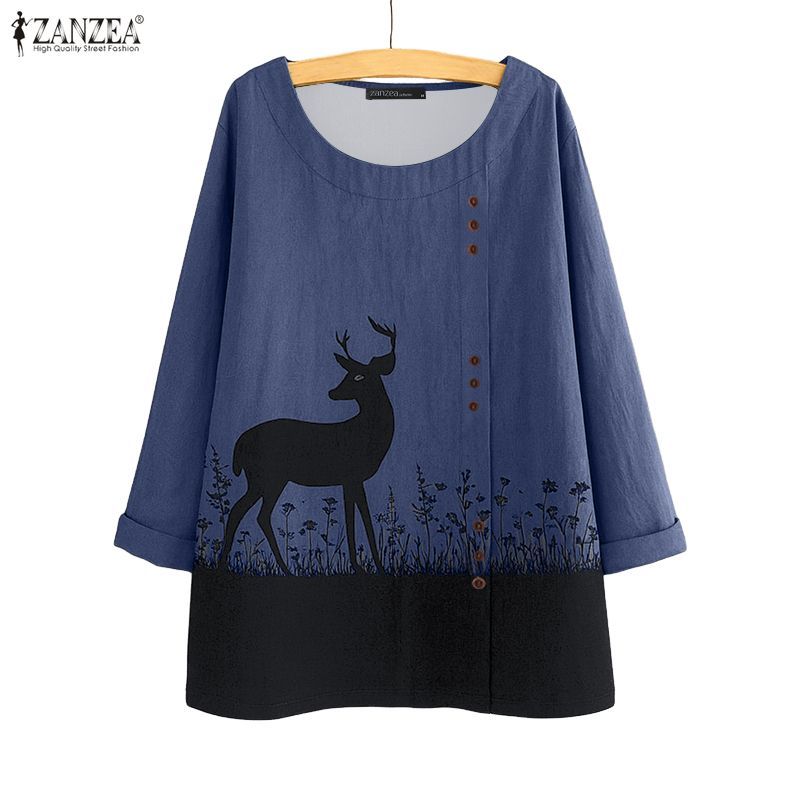 ZANZEA ซานเซีย สไตล์เกาหลีฤดูใบไม้ร่วง แขนยาว คอกลม พิมพ์ลายกวาง มีปุ่มตกแต่ง — صورة 6