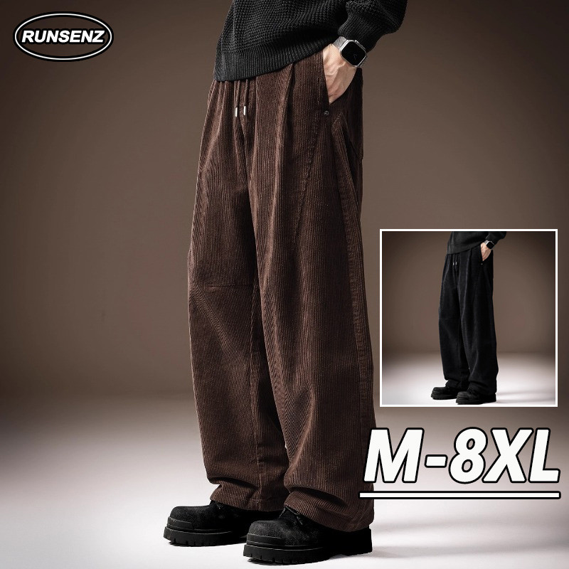 กางเกงผ้าลูกฟูกหนาสำหรับผู้ชาย ไซส์ M-8XL ทรงขากว้าง สบาย ๆ ในสไตล์ causal สีน้ำตาล
