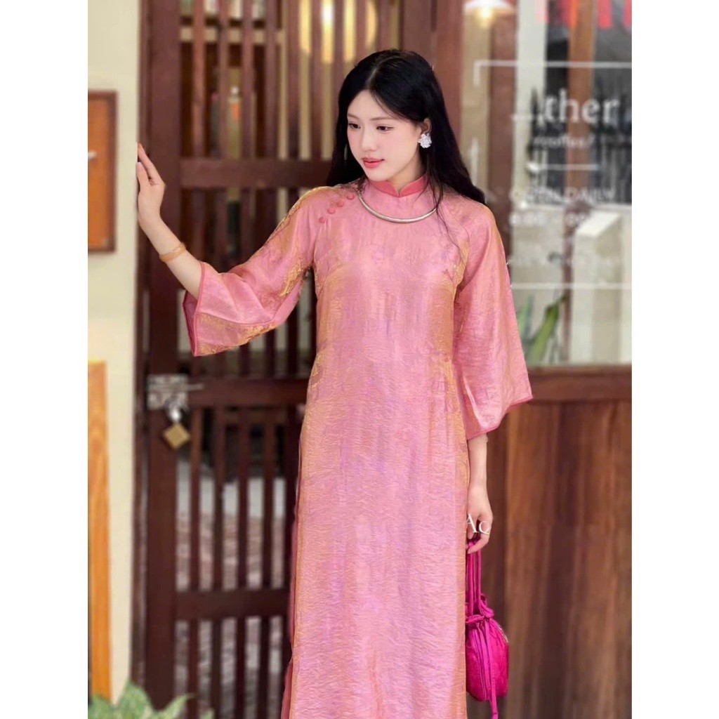 TG Fashion Ao Dai - nha Xa ผ้าไหม ao dai ทรงหลวมและคอปกติดกระดุมสวย