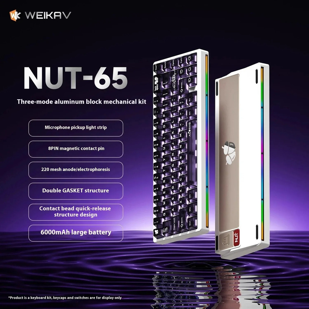 Weikav Nut65 อลูมิเนียมชุดคีย์บอร์ดเกมกลปะเก็นโครงสร้างใบฤดูใบไม้ผลิ Fr4 แผ่น Tri Mode 6000mah