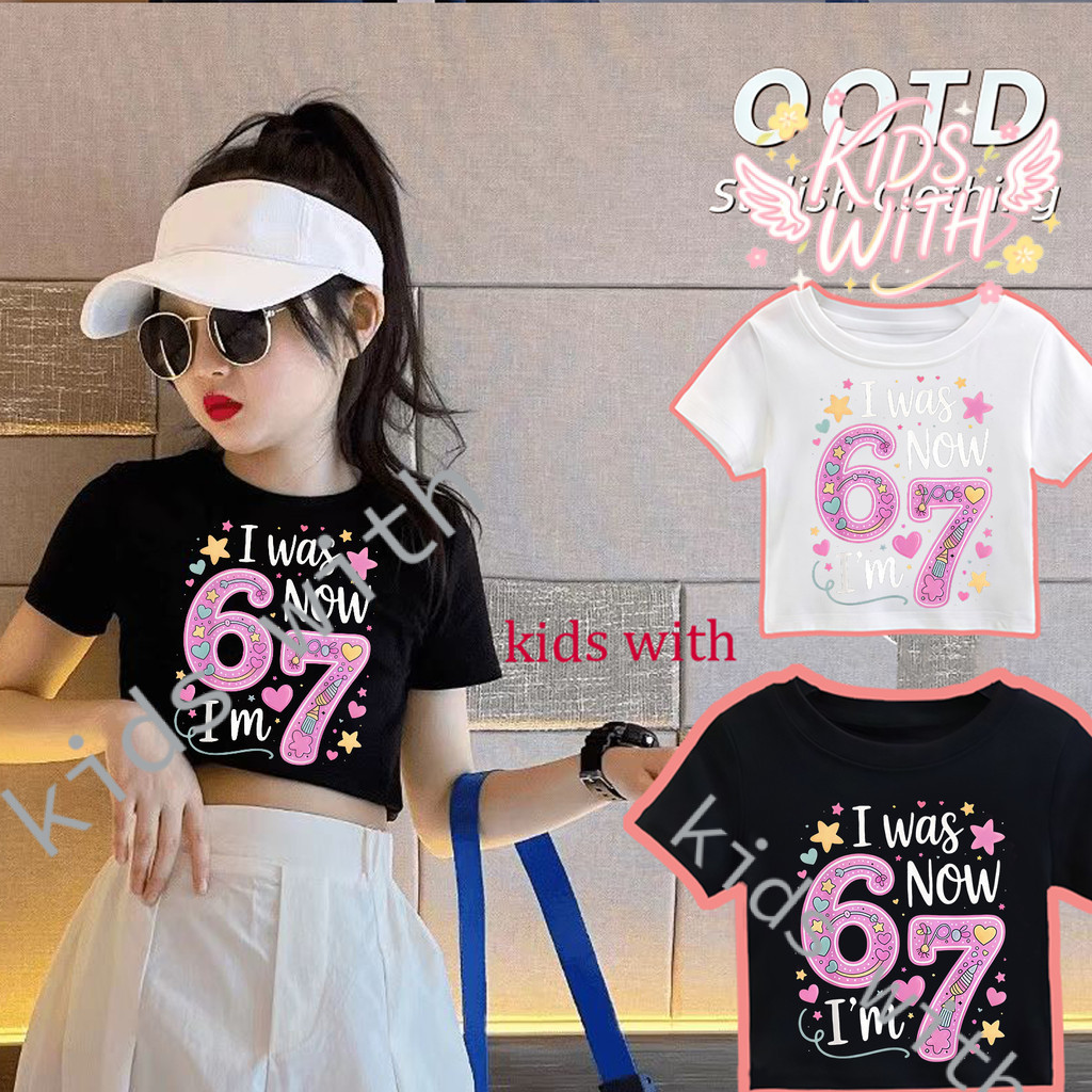 (จัดส่งตลอด 24 ชั่วโมง) ผลิตภัณฑ์ใหม่ในปี 2025! เด็กหญิงแขนสั้นเสื้อยืด 100% Cotton พิมพ์เสื้อยืด