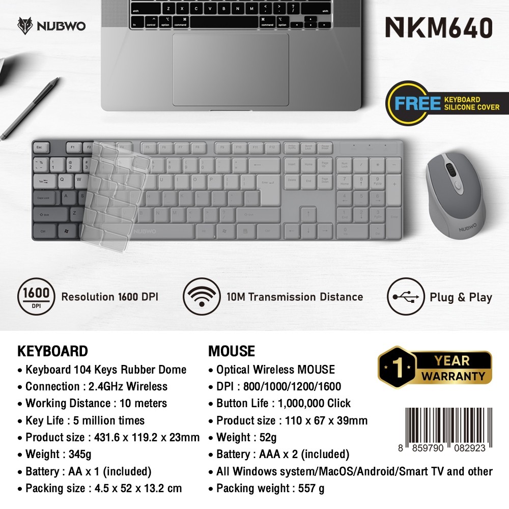 GAMING NUBWO NKM640 KEYBOARD + MOUSE WIRELESS 2.4G Silent คีย์บอร์ด + เมาส์ไร้สายเสียงเงียบ ฟรีซิลิโคนกันฝุ่น