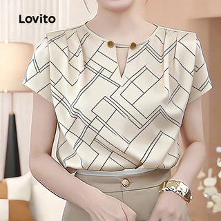 Lovito เสื้อเบลาส์ผู้หญิง สีแอปริคอต แบบกระดุมผ่าหน้า ดีไซน์โปร่งสําหรับฤดูใบไม้ผลิ/ฤดูร้อน เกาหลี อินเทรนด์ LK6AD134