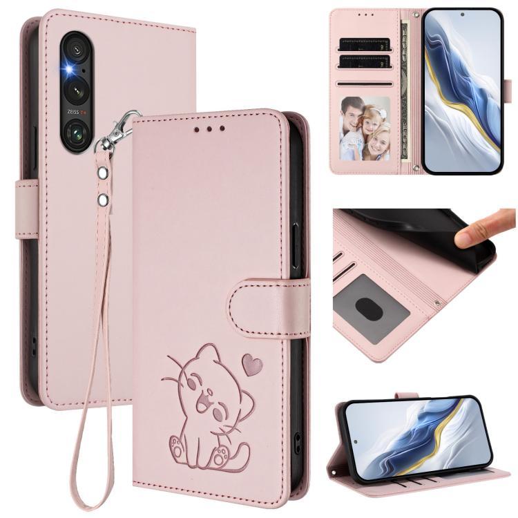 เคสโทรศัพท์หนังแมวหัวใจนูนพร้อมสายคล้องมือสําหรับ Sony Xperia 10 VII/Sony Xperia 1 V/Sony Xperia 1 V