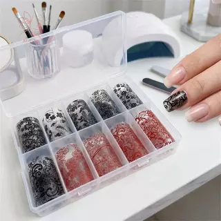 [maybeauty] 10 ม้วนลูกไม้ดอกไม้เล็บโอนฟอยล์สีขาวสีแดงเล็บ Stiers สําหรับเจลโปแลนด์ DIY Salon ชุดตกแต่งเล็บ {TH}