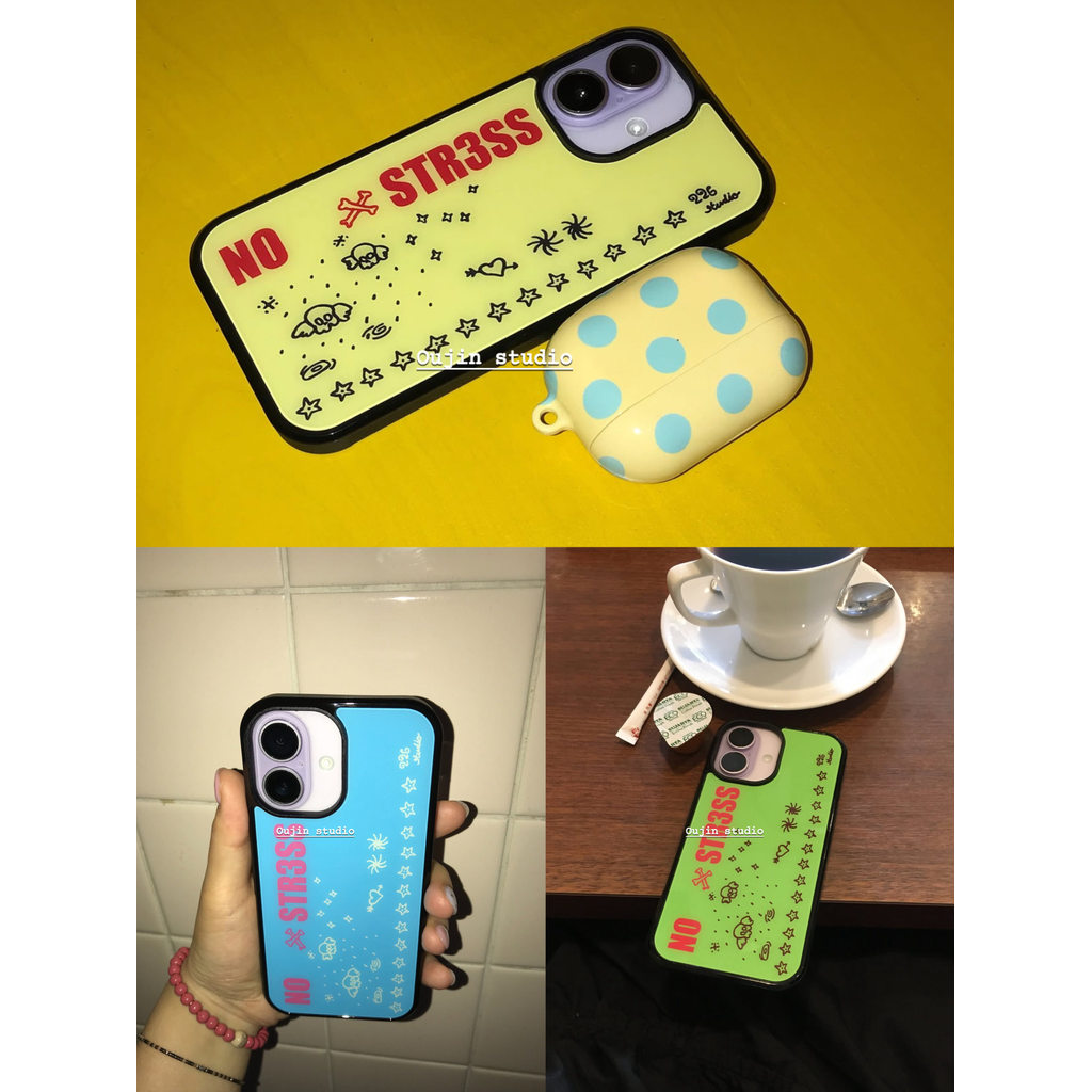 สไตล์เกาหลี Niche ins สไตล์ที่มีสีสัน Dopamine ตัวอักษรปฏิเสธความวิตกกังวล Star Graffiti เคสโทรศัพท์ 16 หลุมขนาดใหญ่ 17pro/14/15pro มือวาด y2k กันกระแทกขอบสีดําฝาครอบป้องกัน