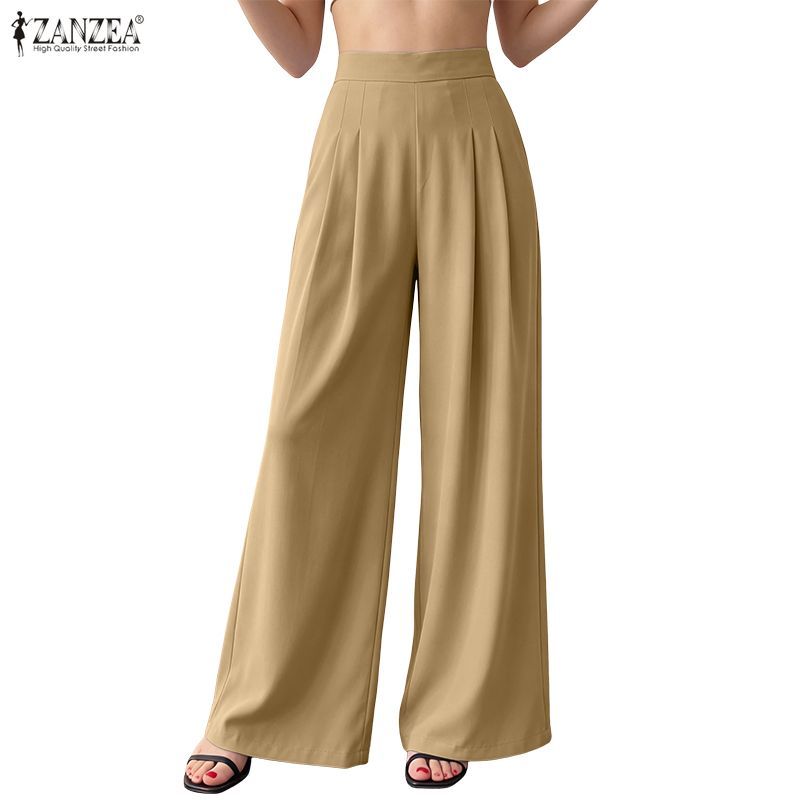 ZANZEA ผู้หญิงเกาหลี Commute Officewear เอวสูงจีบกางเกงขากว้างยาวเต็ม
