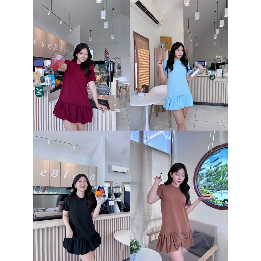YODO เดรสผู้หญิงไซส์ใหญ่ ✨ แขนสั้น ทรงหลวม ยืดหยุ่นสูง ใส่สบาย กระโปรงพองน่ารัก มี 4 สีให้เลือก #11010