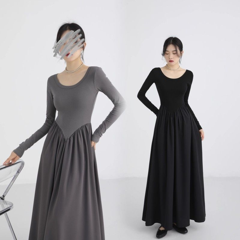 Imoveชุดเดรสแขนยาวสีดําเดรสเย็บเดรสเย็บสําหรับผู้หญิงสไตล์เกาหลี