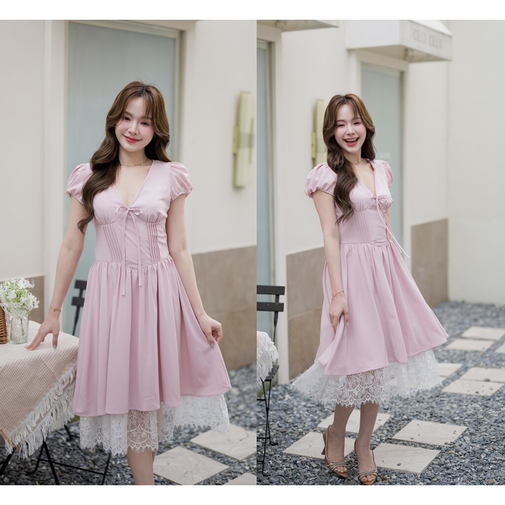 Priscilla Midi Dress : สีชมพู [Made by Pastel Time]
