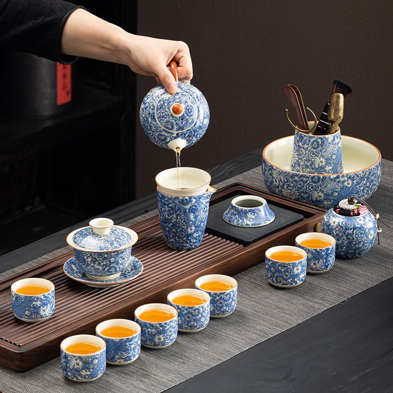 Ru เตาเผาชุดชาดอกไม้ในครัวเรือน Ru Porcelain กาน้ําชา Kung Fu ถ้วยน้ําชาสํานักงานชาสไตล์จีน 2024