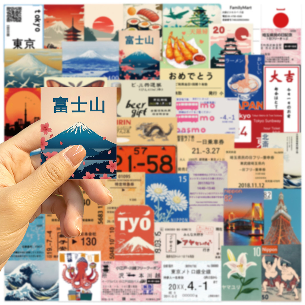 ✨พร้อมส่ง✨ป้ายสังกะสี วินเทจ ของเล่นเก่า Japan tokyo sushi ภูเขาฟุจิ stamp sticker ประทับ 50ชิ้น