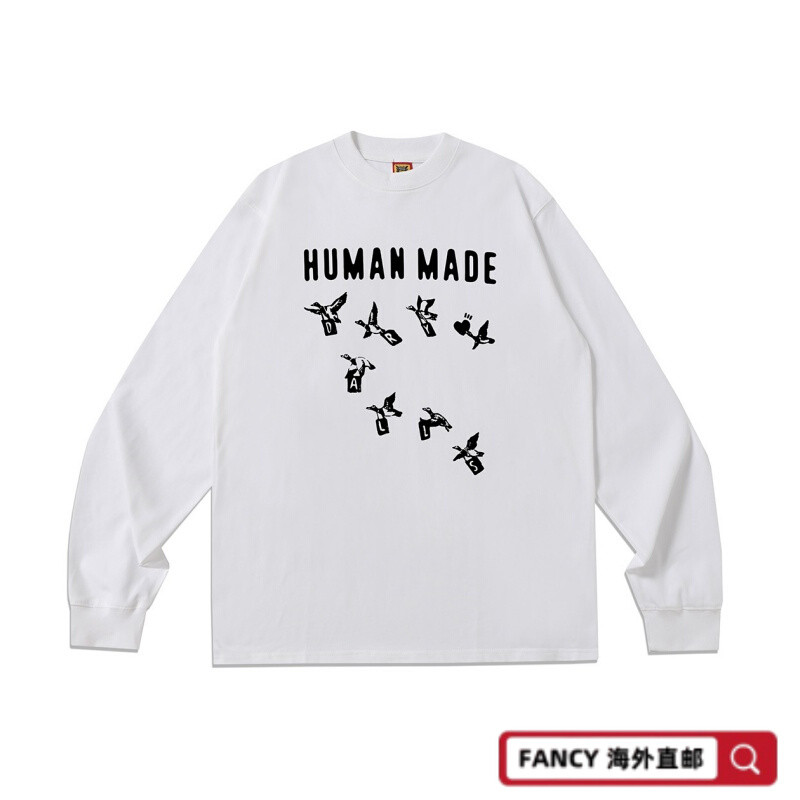 HUMAN MADE 25AW ญี่ปุ่นวัน Goose Letter โลโก้พิมพ์ผู้ชายผู้หญิงหลวมรอบคอเสื้อกันหนาวเสื้อยืดแขนยาว