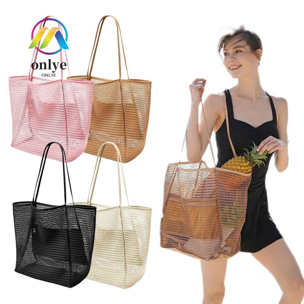 เท่านั้น กระเป๋าโท้ทตาข่าย,ไนลอนกระเป๋าถือชายหาดความจุขนาดใหญ่,แบบพกพาน้ําหนักเบาสีดําสีกากีสีชมพูอุปกรณ์จัดเก็บสําหรับเดินทางกลางแจ้ง